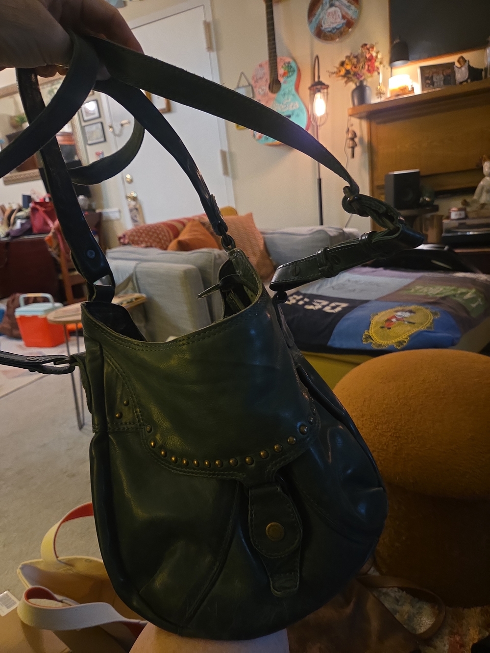AUNT & UNCLE German-Made Leather Hobo Shoulder Bag | Dark Green Studded